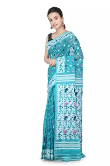 Sea Green Hand Woven Pure Cotton Saree Without Blouse