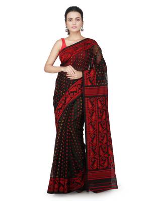 Black Hand Woven Pure Cotton Saree Without Blouse 1
