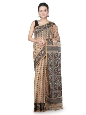 Beige Hand Woven Pure Cotton Saree Without Blouse 1
