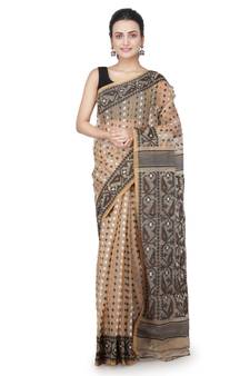 Beige Hand Woven Pure Cotton Saree Without Blouse