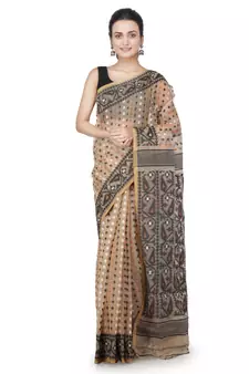 Beige Hand Woven Pure Cotton Saree Without Blouse
