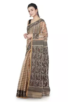 Beige Hand Woven Pure Cotton Saree Without Blouse