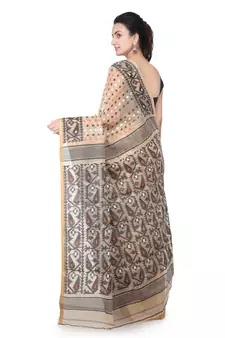Beige Hand Woven Pure Cotton Saree Without Blouse
