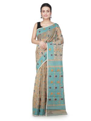 Beige Hand Woven Pure Cotton Saree Without Blouse 1