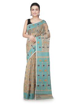 Beige Hand Woven Pure Cotton Saree Without Blouse