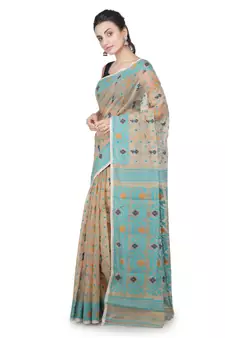 Beige Hand Woven Pure Cotton Saree Without Blouse