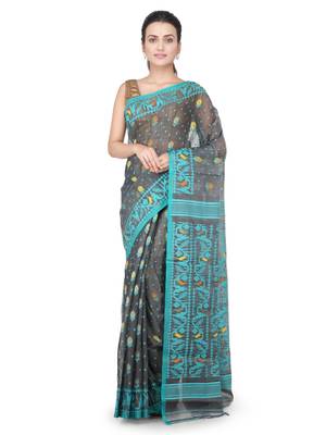 Grey Hand Woven Pure Cotton Saree Without Blouse 1