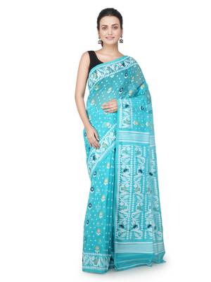 Turquoise Hand Woven Pure Cotton Saree Without Blouse 1