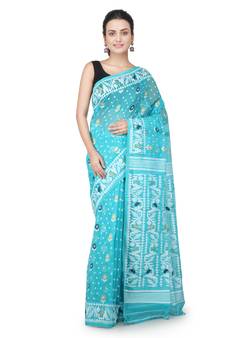 Turquoise Hand Woven Pure Cotton Saree Without Blouse
