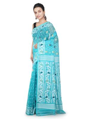 Turquoise Hand Woven Pure Cotton Saree Without Blouse 2