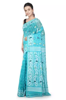 Turquoise Hand Woven Pure Cotton Saree Without Blouse
