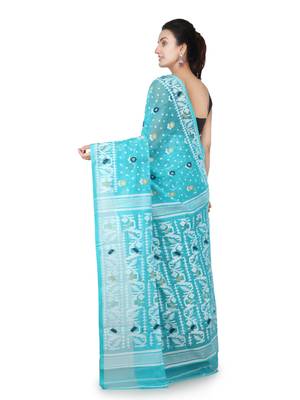 Turquoise Hand Woven Pure Cotton Saree Without Blouse 3