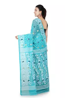 Turquoise Hand Woven Pure Cotton Saree Without Blouse