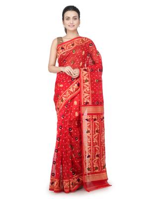 Red Hand Woven Pure Cotton Saree Without Blouse 1