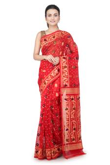 Red Hand Woven Pure Cotton Saree Without Blouse