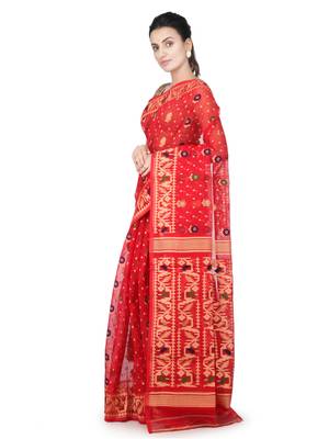 Red Hand Woven Pure Cotton Saree Without Blouse 2