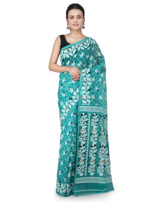 Turquoise Hand Woven Pure Cotton Saree Without Blouse 1