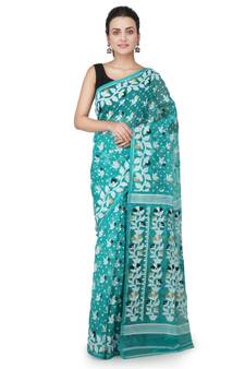 Turquoise Hand Woven Pure Cotton Saree Without Blouse