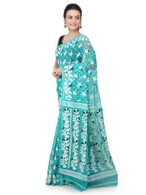 Turquoise Hand Woven Pure Cotton Saree Without Blouse 2