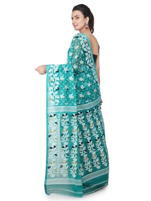 Turquoise Hand Woven Pure Cotton Saree Without Blouse 3
