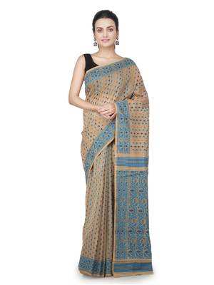 Beige Hand Woven Pure Cotton Saree Without Blouse 1