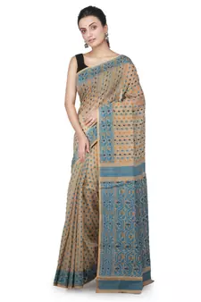 Beige Hand Woven Pure Cotton Saree Without Blouse