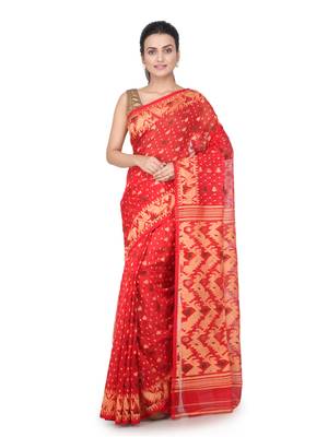 Red Hand Woven Pure Cotton Saree Without Blouse 1