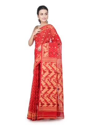 Red Hand Woven Pure Cotton Saree Without Blouse 2