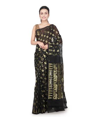 Black hand woven cotton silk saree with blouse 1