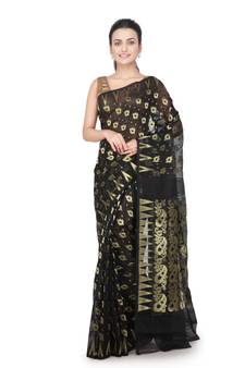 Black hand woven cotton silk saree with blouse