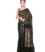 Black hand woven cotton silk saree with blouse