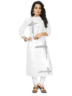 White Embroidered Cotton Blend Straight Kurtis 1