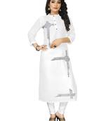 White Embroidered Cotton Blend Straight Kurtis