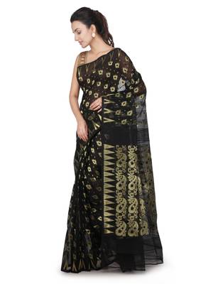 Black hand woven cotton silk saree with blouse 2