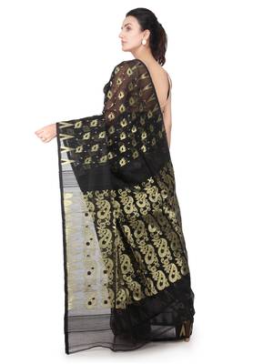 Black hand woven cotton silk saree with blouse 3