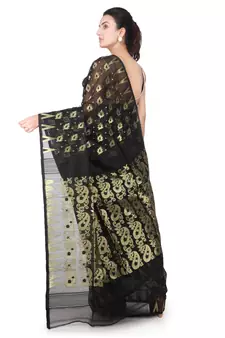 Black hand woven cotton silk saree with blouse