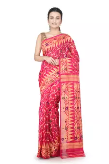 Pink Hand Woven Pure Cotton Saree Without Blouse