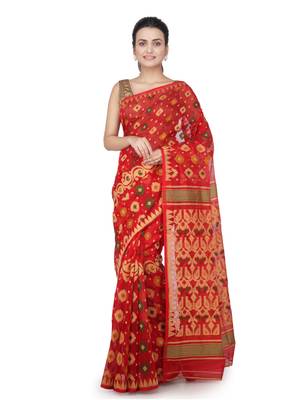 Red Hand Woven Pure Cotton Saree Without Blouse 1