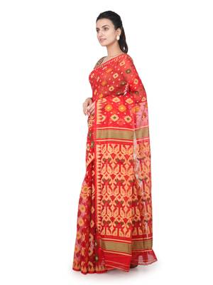 Red Hand Woven Pure Cotton Saree Without Blouse 2