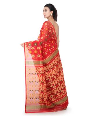 Red Hand Woven Pure Cotton Saree Without Blouse 3