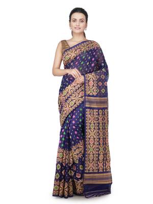 Blue Hand Woven Pure Cotton Saree Without Blouse 1
