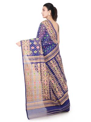 Blue Hand Woven Pure Cotton Saree Without Blouse 3