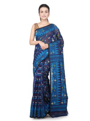 Blue Hand Woven Pure Cotton Saree Without Blouse 1