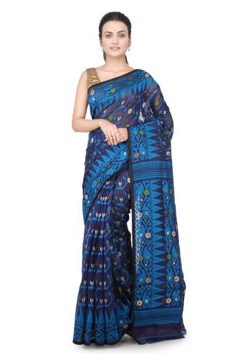 Blue Hand Woven Pure Cotton Saree Without Blouse