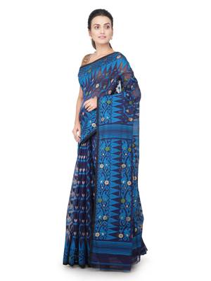 Blue Hand Woven Pure Cotton Saree Without Blouse 2