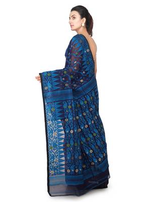 Blue Hand Woven Pure Cotton Saree Without Blouse 3