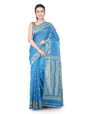 Turquoise Hand Woven Pure Cotton Saree Without Blouse 1