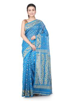 Turquoise Hand Woven Pure Cotton Saree Without Blouse