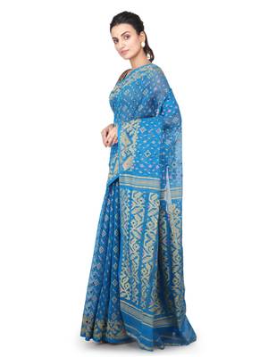 Turquoise Hand Woven Pure Cotton Saree Without Blouse 2