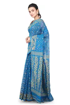 Turquoise Hand Woven Pure Cotton Saree Without Blouse